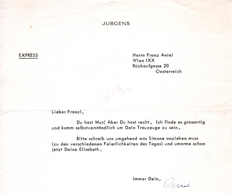 Telegramm Curd Jürgens zur Heirat mit Elisabeth von Ettingshausen