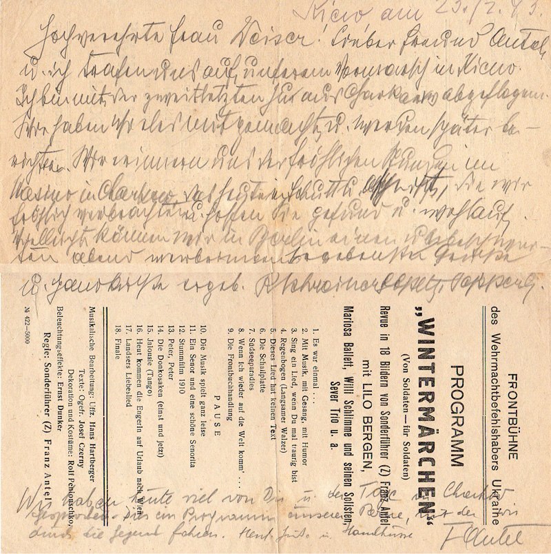 Frontbühne - Brief franz Antels an Grethe Weiser